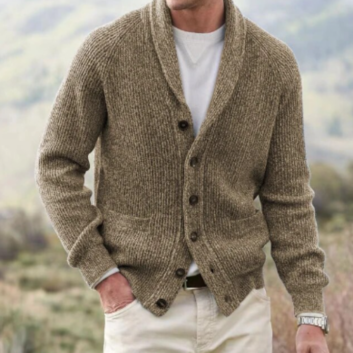 Timeless men's shawl collar cardigan, a classic knit sweater for fall, winter, and spring layering fashion.