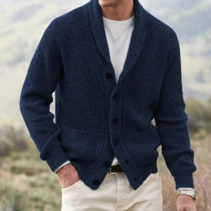 Elegant men's knit cardigan featuring a comfortable shawl collar and button-up front, great for layering and everyday wear.