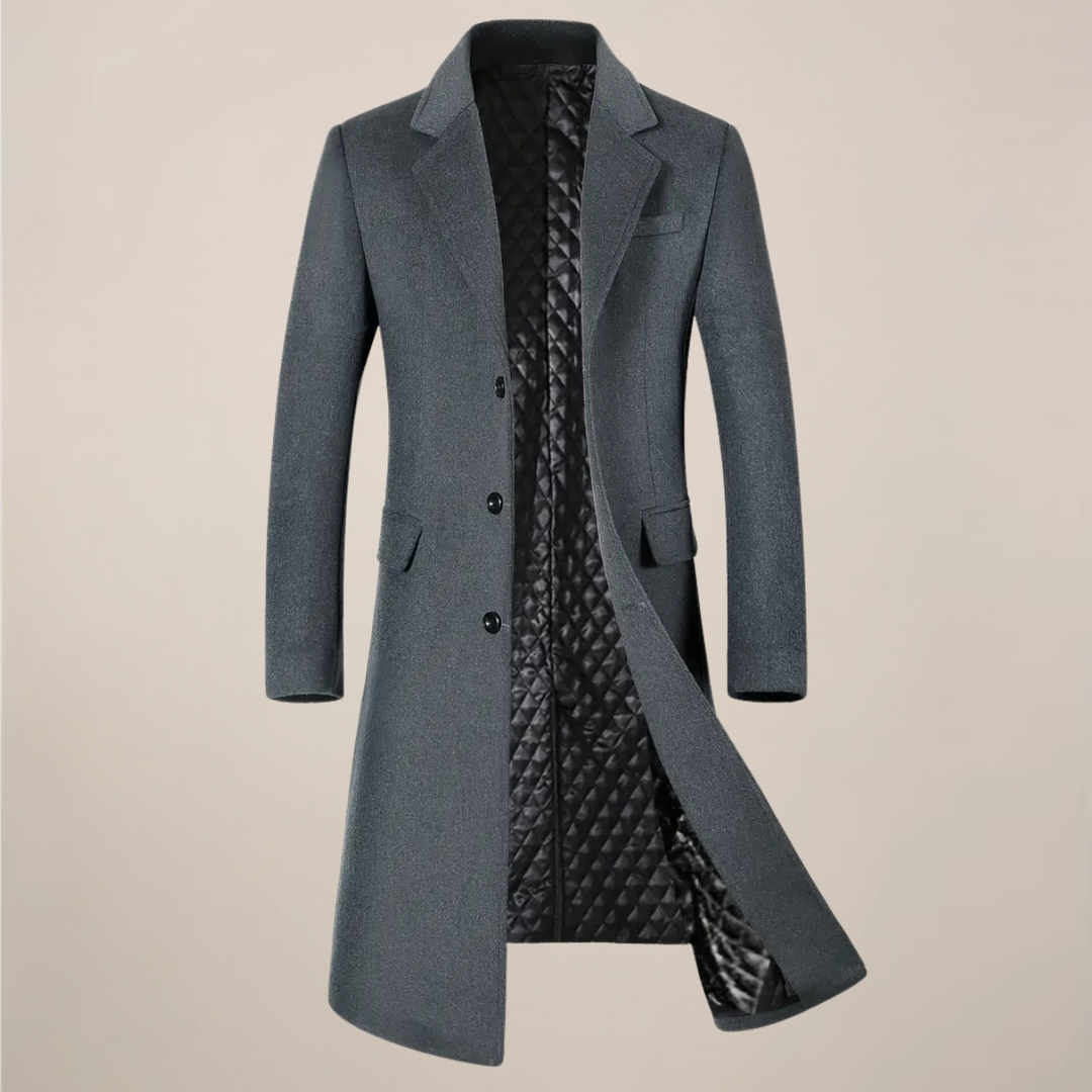 Close-up of a men's classic long overcoat showing its stylish lapel, button details, and quality fabric for winter wear.