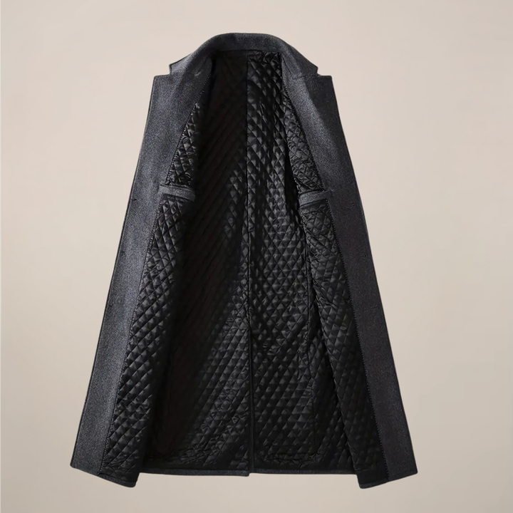 Back view of a men's elegant long overcoat, showcasing its classic style, tailored fit, and fall/winter warmth.