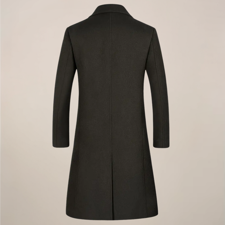 Sophisticated men's black overcoat, a long trench coat style with a classic lapel, perfect for elegant winter outerwear.