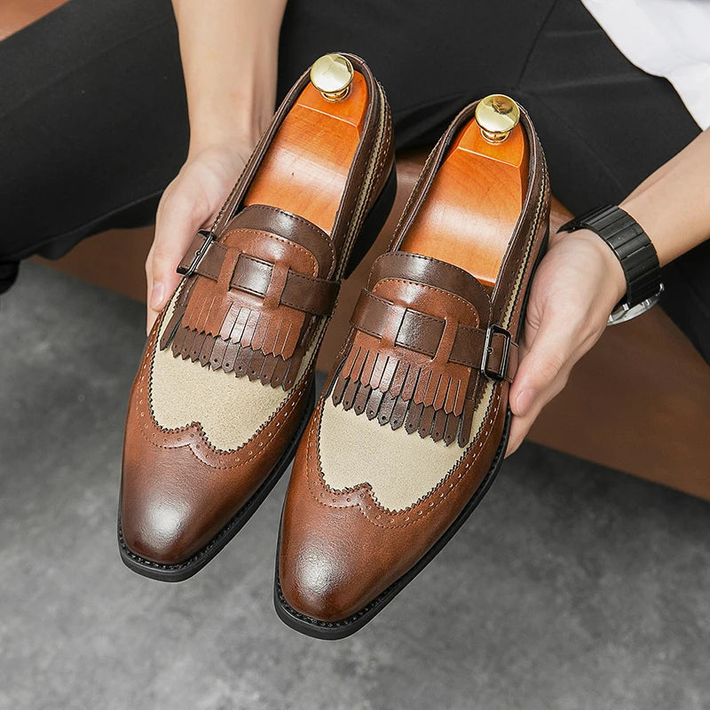 Men's classic leather brogue loafers with fringe detail, perfect for dress or smart casual wear.