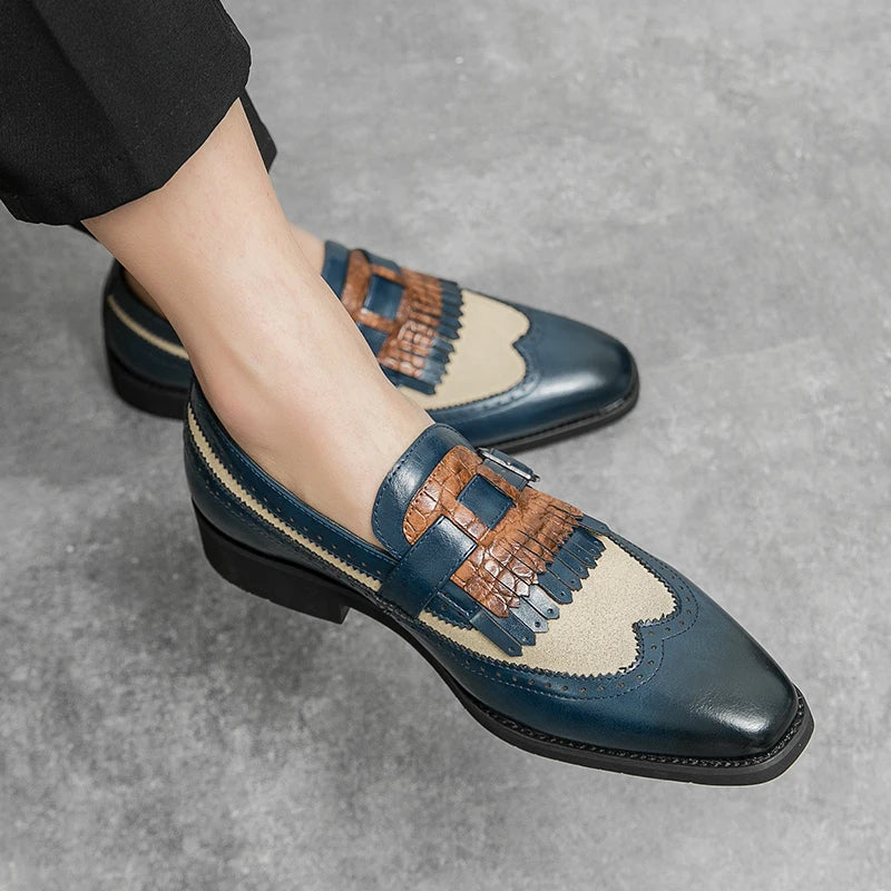 Detailed shot of men's brogue loafers with unique fringe, highlighting craftsmanship and style.