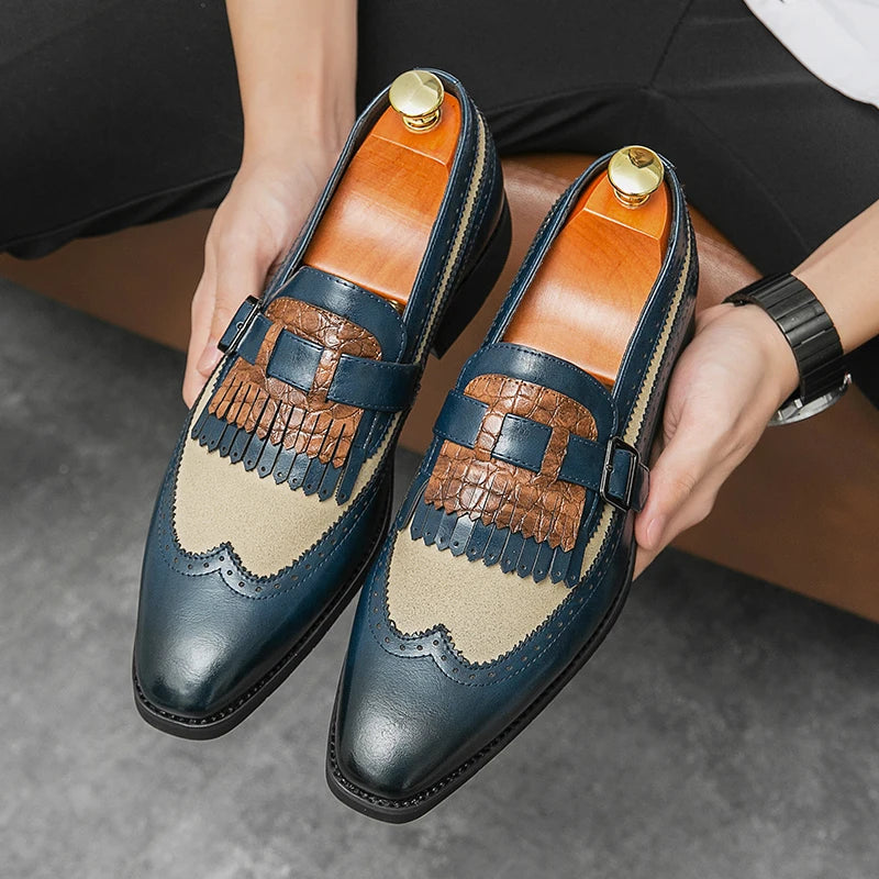 Black men's formal brogue loafers with elegant fringe, ideal for business or special events.