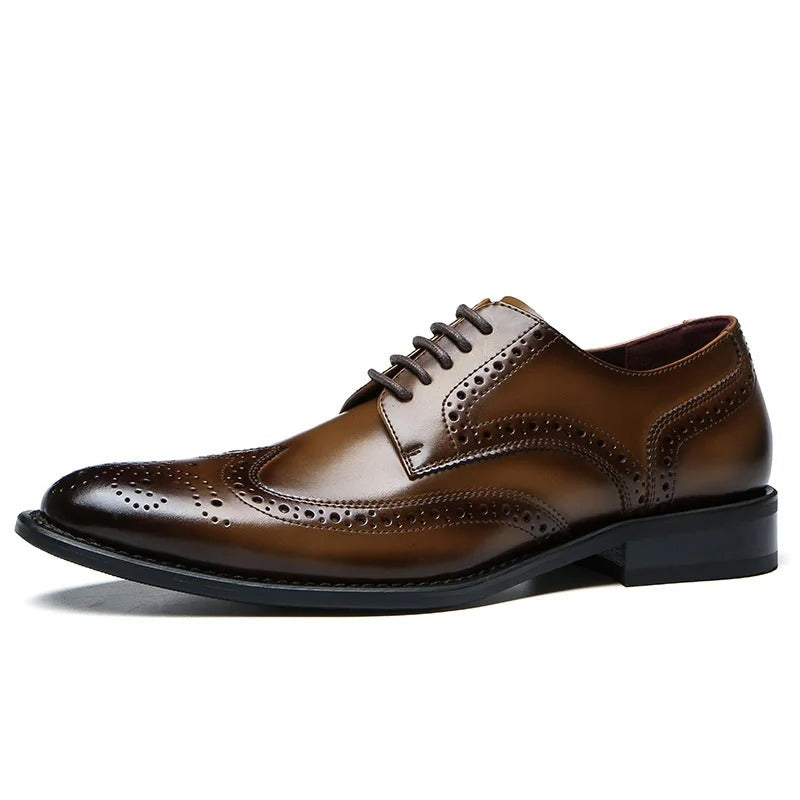 Back view of men's classic leather Oxford brogues, showcasing sturdy construction & quality men's fashion.