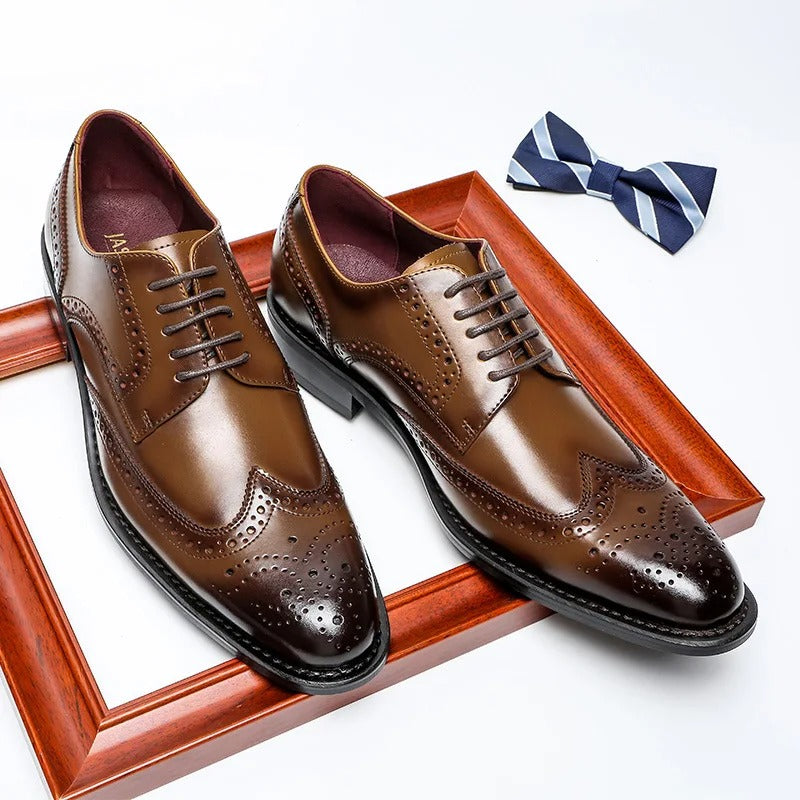Side profile of men's brown leather Oxford brogues, emphasizing classic lines & versatile dress shoe style.