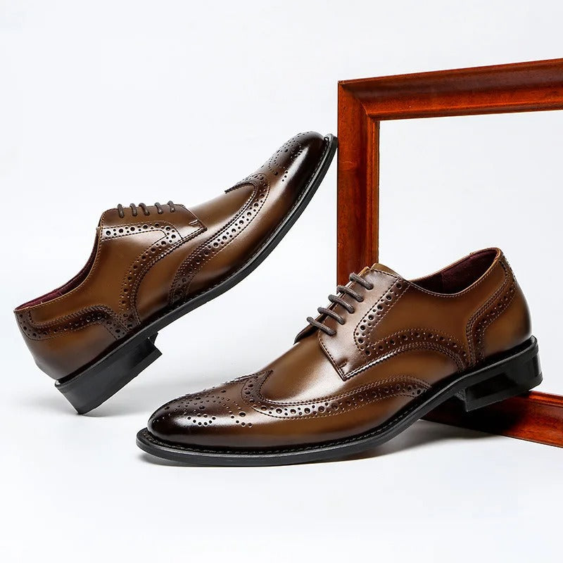 Front view of elegant black leather Oxford brogues for men, a timeless choice for dress & formal shoes.