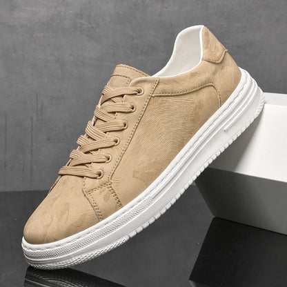 Side view of sand men's classic leather sneakers, highlighting classic design & comfortable fit.