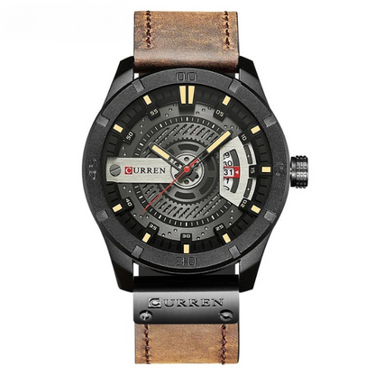 Classic men's watch, brown leather strap & quartz movement. Durable, elegant accessory. Great gift for him.