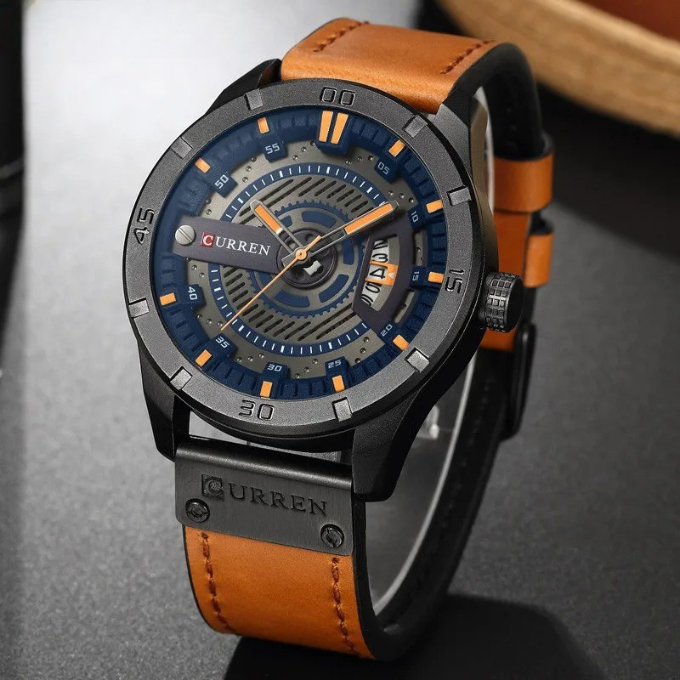 Elegant men's leather watch, classic design. Brown leather strap, stainless steel case. Perfect casual timepiece.