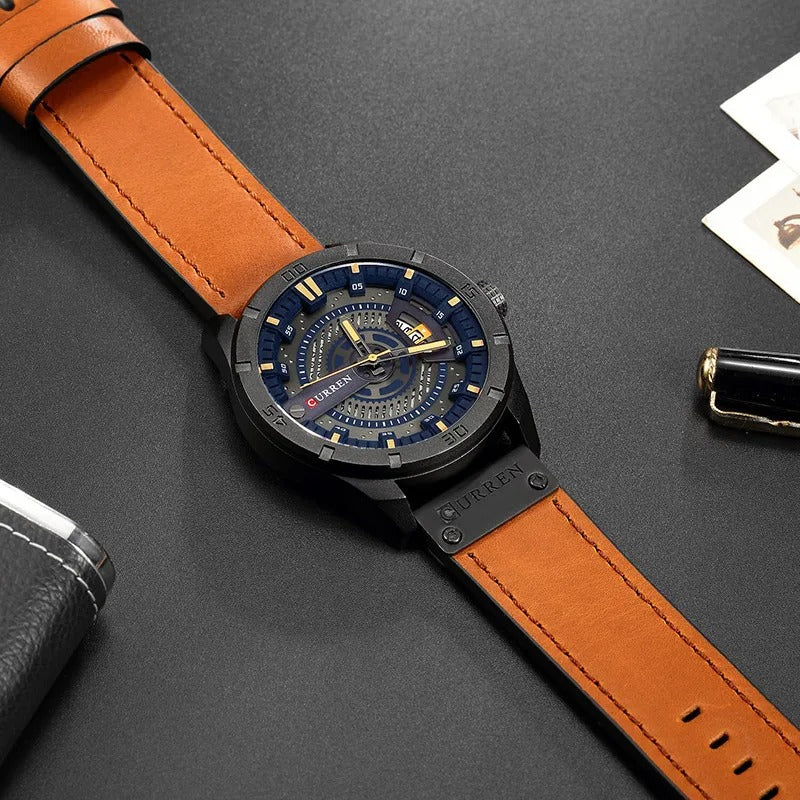 Durable men's quartz watch with a classic leather strap. Stylish accessory, ideal gift for him, timeless design.
