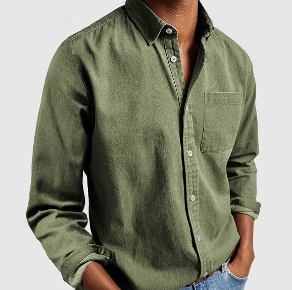 Detailed view of the buttons on a men's classic long sleeve button-up shirt, highlighting quality menswear design.