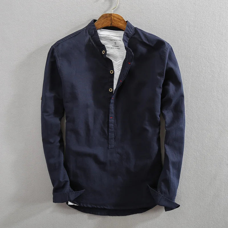Comfortable men's long-sleeve button-up shirt in a classic style, great for versatile everyday wear.
