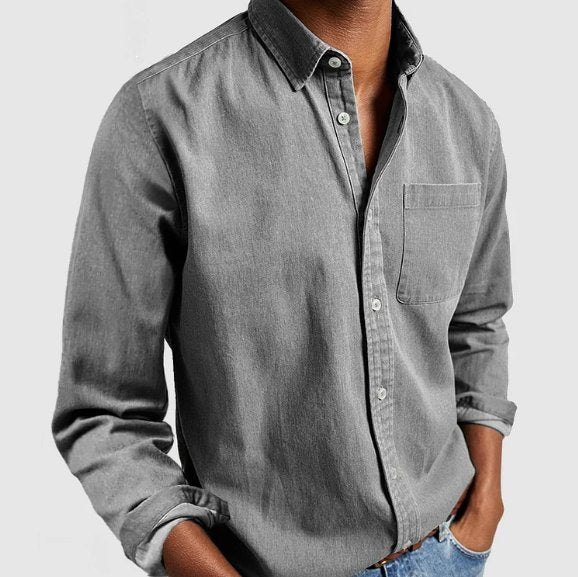 Versatile men's blue long sleeve button-up shirt, a classic everyday top for varied casual occasions.
