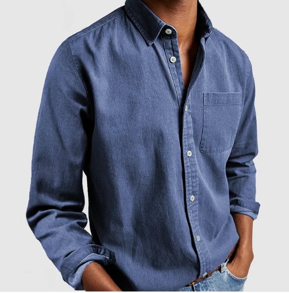 Back view of a men's classic long sleeve button-up shirt, showcasing the clean lines of this versatile top.