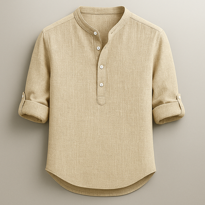 Stylish men's long-sleeve henley shirt with buttons, ideal for versatile spring and summer layering.