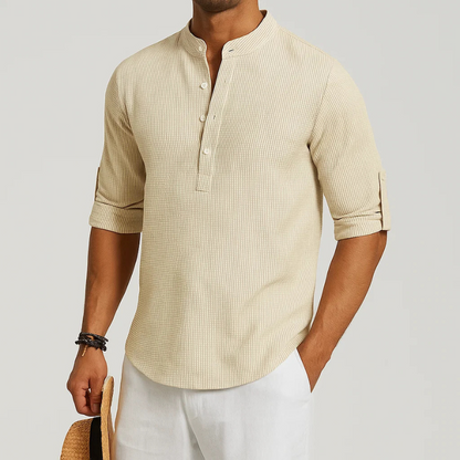 Soft, comfortable men's long sleeve Henley shirt, a versatile everyday essential for relaxed casual wear & fashion.