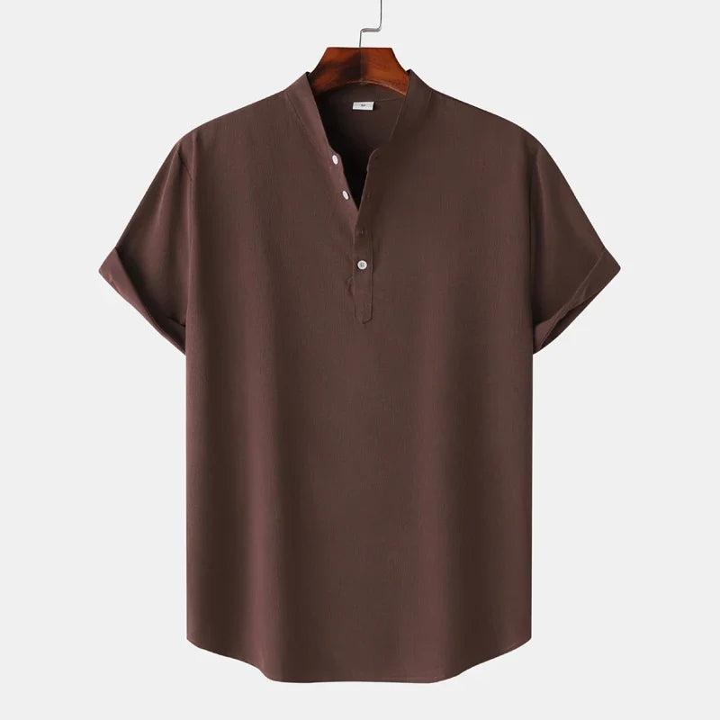 Smart casual men's Henley shirt with classic button placket, ideal for versatile everyday fashion.
