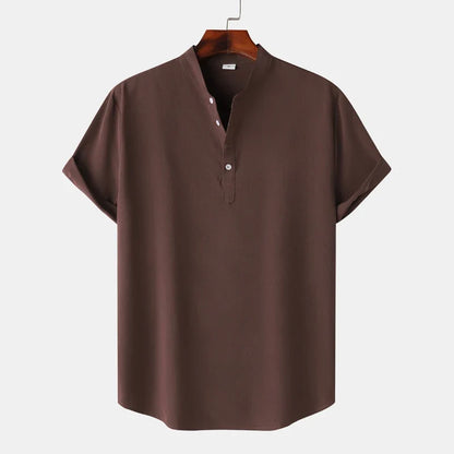 Smart casual men's Henley shirt with classic button placket, ideal for versatile everyday fashion.