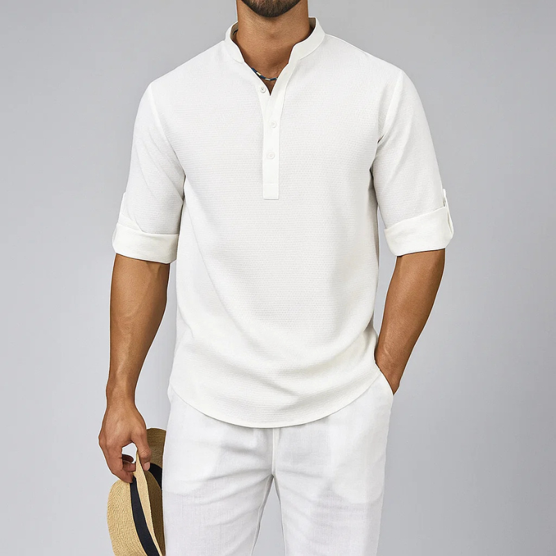 Versatile men's Henley shirt with a relaxed hem, designed for everyday comfort & effortless casual men's fashion.
