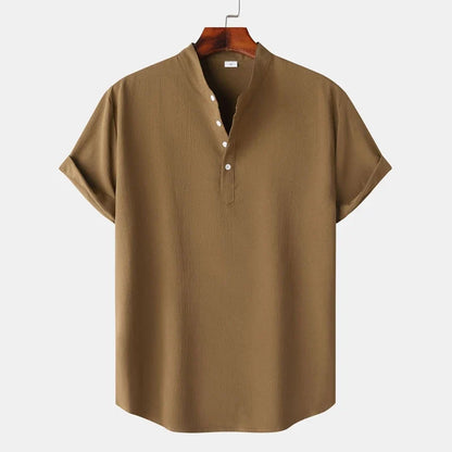 Relaxed fit men's long-sleeve Henley shirt, a versatile and comfortable top for men's casual fashion.