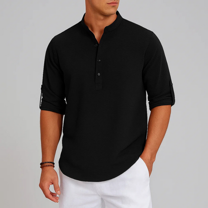 Classic men's Henley shirt with a tailored fit, ensuring comfortable long sleeve casual wear and modern men's style.