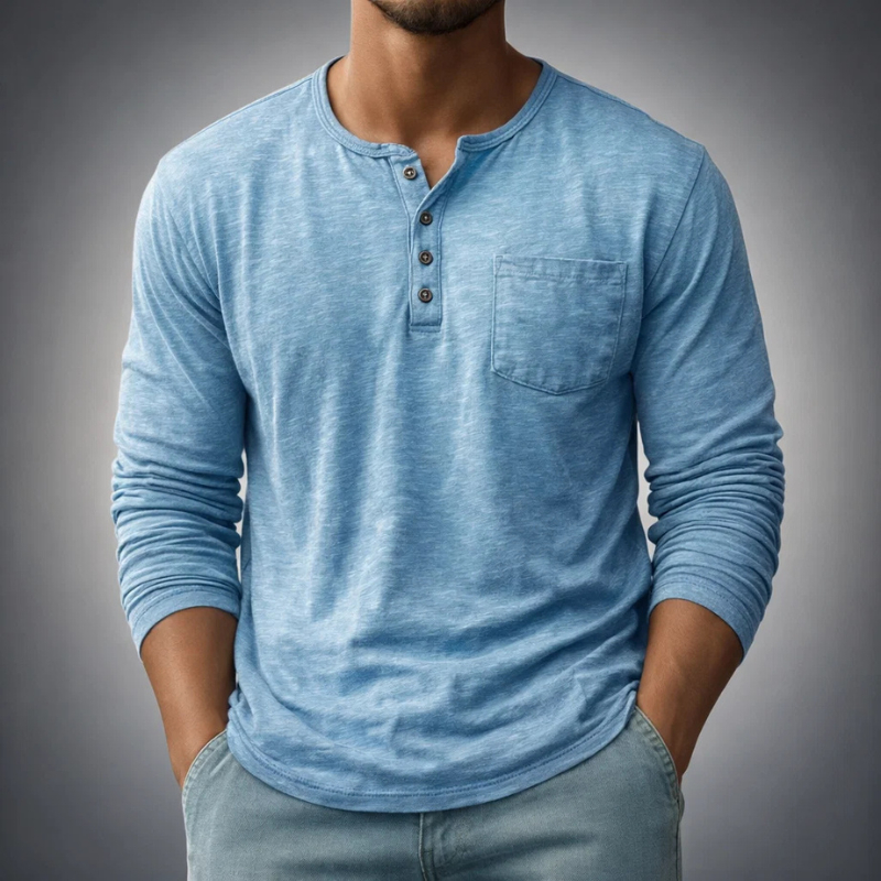 Men's classic long sleeve henley shirt in soft cotton for casual comfort and everyday wear.