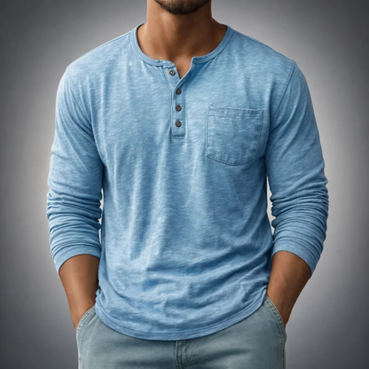 Men's classic long sleeve henley shirt in soft cotton for casual comfort and everyday wear.