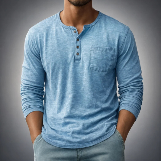 Men's classic long sleeve henley shirt in soft cotton for casual comfort and everyday wear.