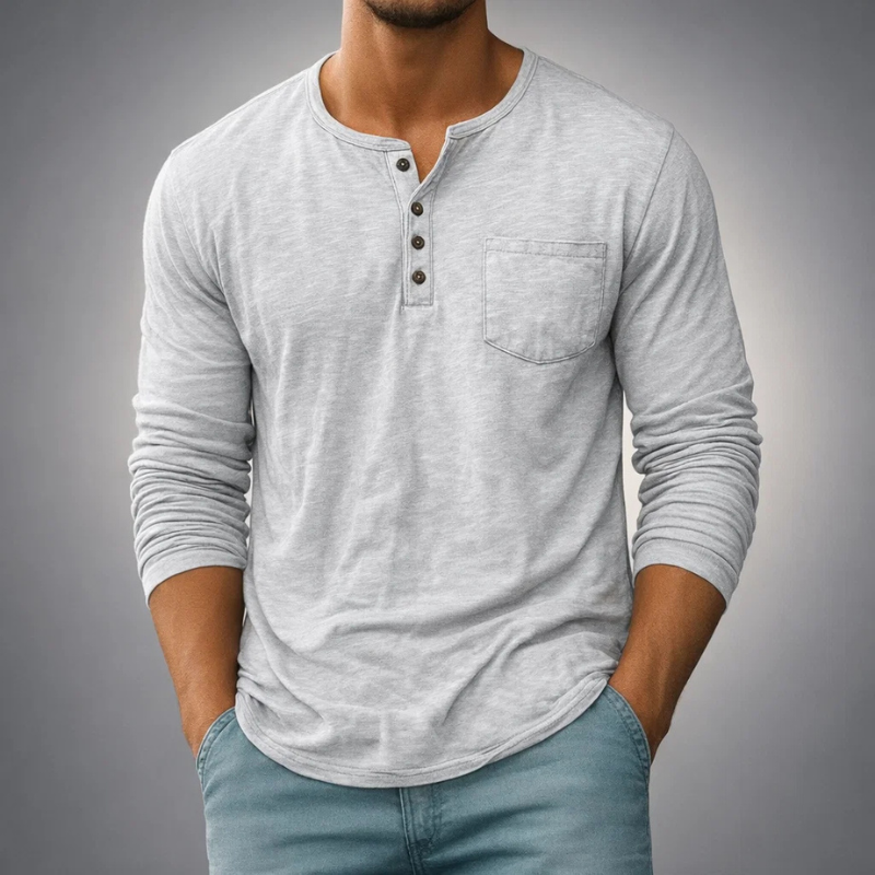 Comfortable men's long sleeve henley top, tailored fit, made from soft, breathable fabric.