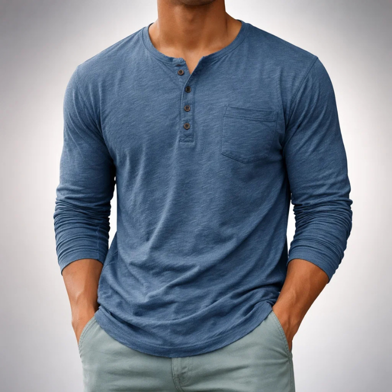 Stylish men's long sleeve henley shirt, perfect for layering or everyday casual wear, versatile men's fashion.