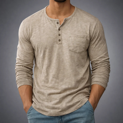 Tailored fit men's long sleeve henley shirt, a classic button-placket top for comfortable men's style.