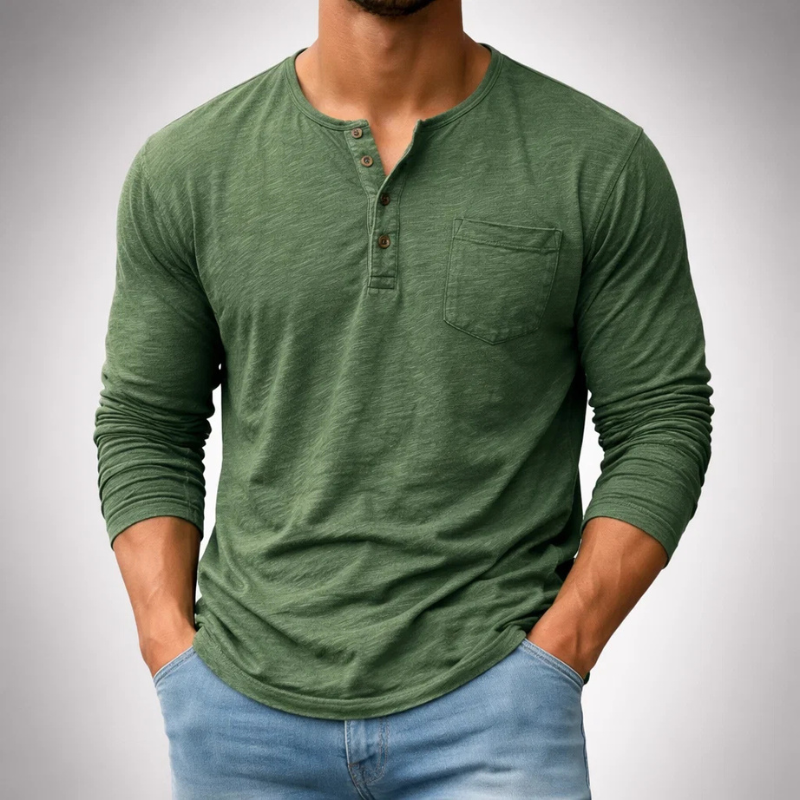 Casual men's long sleeve henley, ideal for everyday comfort & versatility, a key piece for men's fashion.