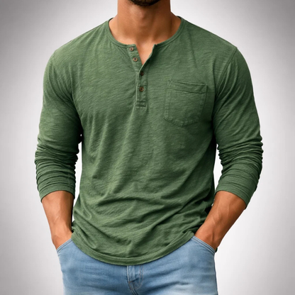 Casual men's long sleeve henley, ideal for everyday comfort & versatility, a key piece for men's fashion.