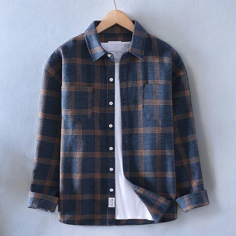 Men's classic long-sleeve plaid button-up shirt, versatile for everyday casual and smart casual men's fashion.