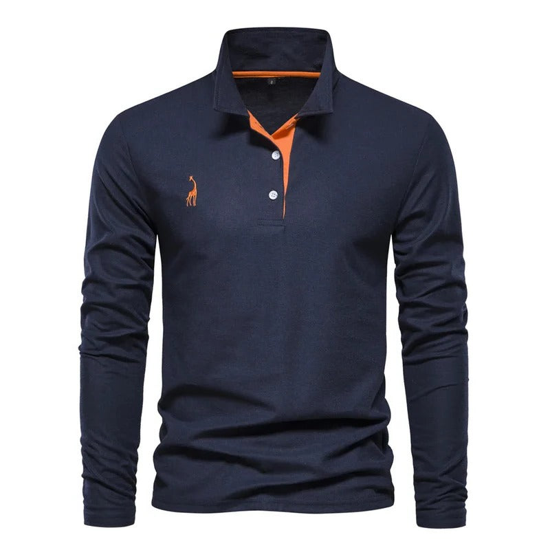 Refined men's long sleeve polo shirt with subtle embroidery, offering a smart casual, comfortable men's apparel choice.