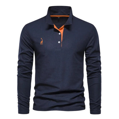 Refined men's long sleeve polo shirt with subtle embroidery, offering a smart casual, comfortable men's apparel choice.