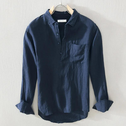 White men's classic popover shirt with long sleeves, ideal for spring, summer, or casual everyday style.