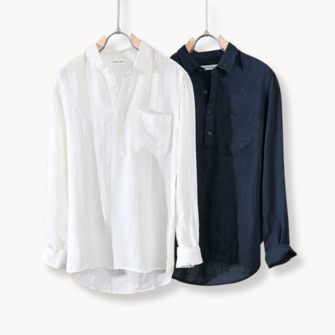 Navy men's long-sleeve popover shirt, a versatile classic button-down for a smart casual or relaxed look.