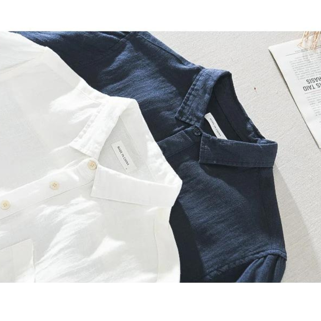 White long-sleeve popover shirt for men, a classic and versatile top perfect for smart casual or summer style.