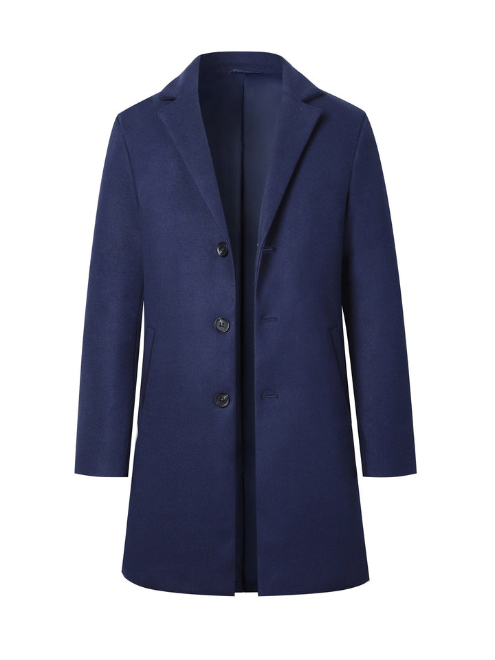 Men's classic long trench coat with elegant notch lapel. Stylish formal & casual winter outerwear for gentlemen.