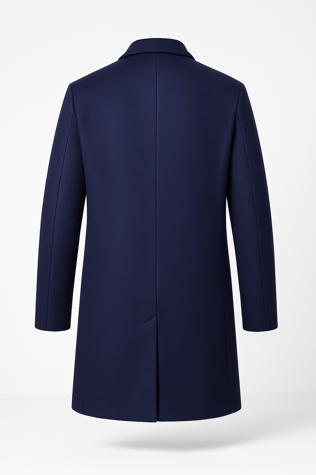 Dark blue men's classic long overcoat. Versatile trench coat for stylish winter fashion, formal or casual.