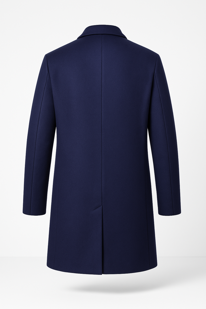 Dark blue men's classic long overcoat. Versatile trench coat for stylish winter fashion, formal or casual.