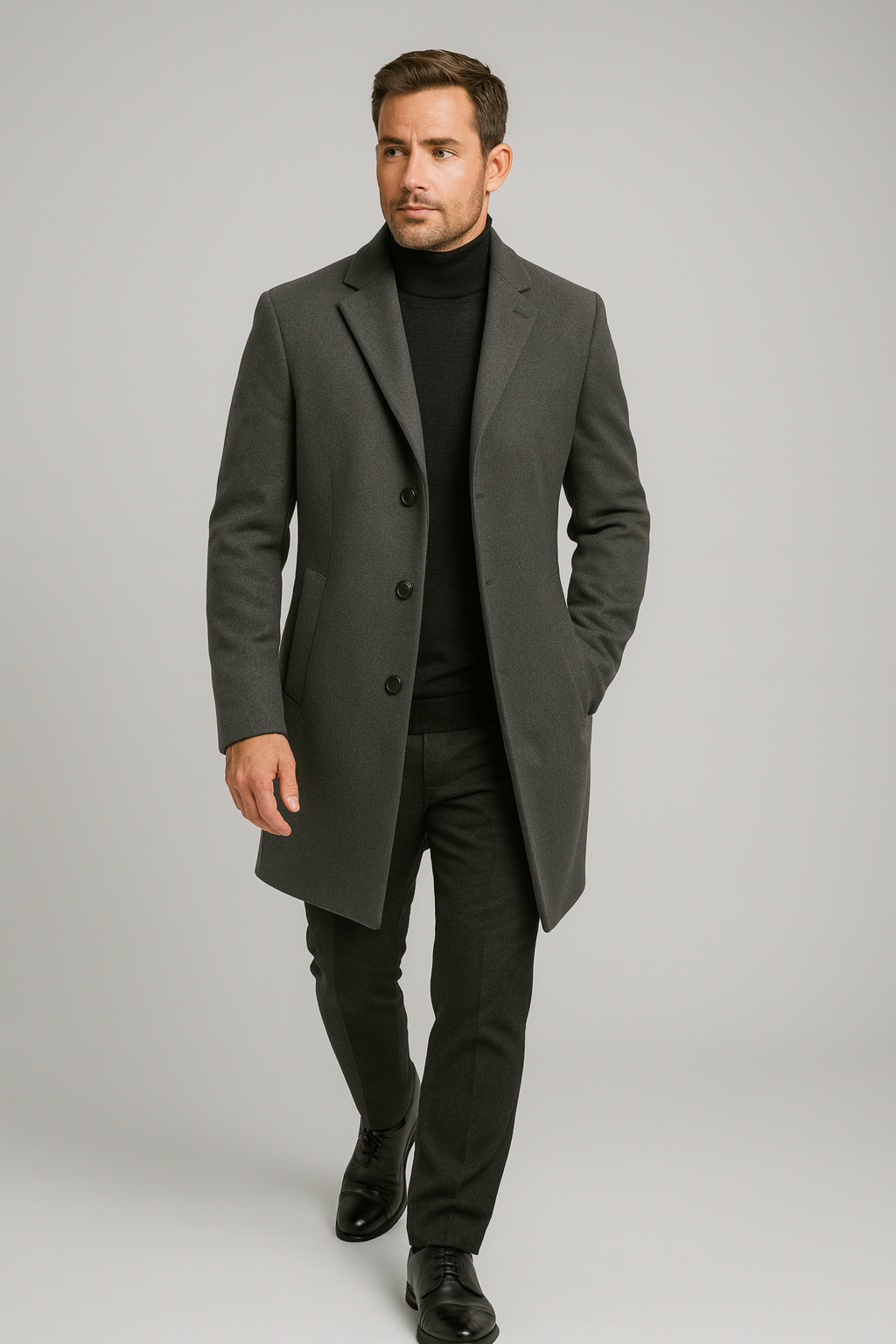 Elegant men's long overcoat with a sophisticated notch lapel, perfect for classic winter fashion & outerwear.