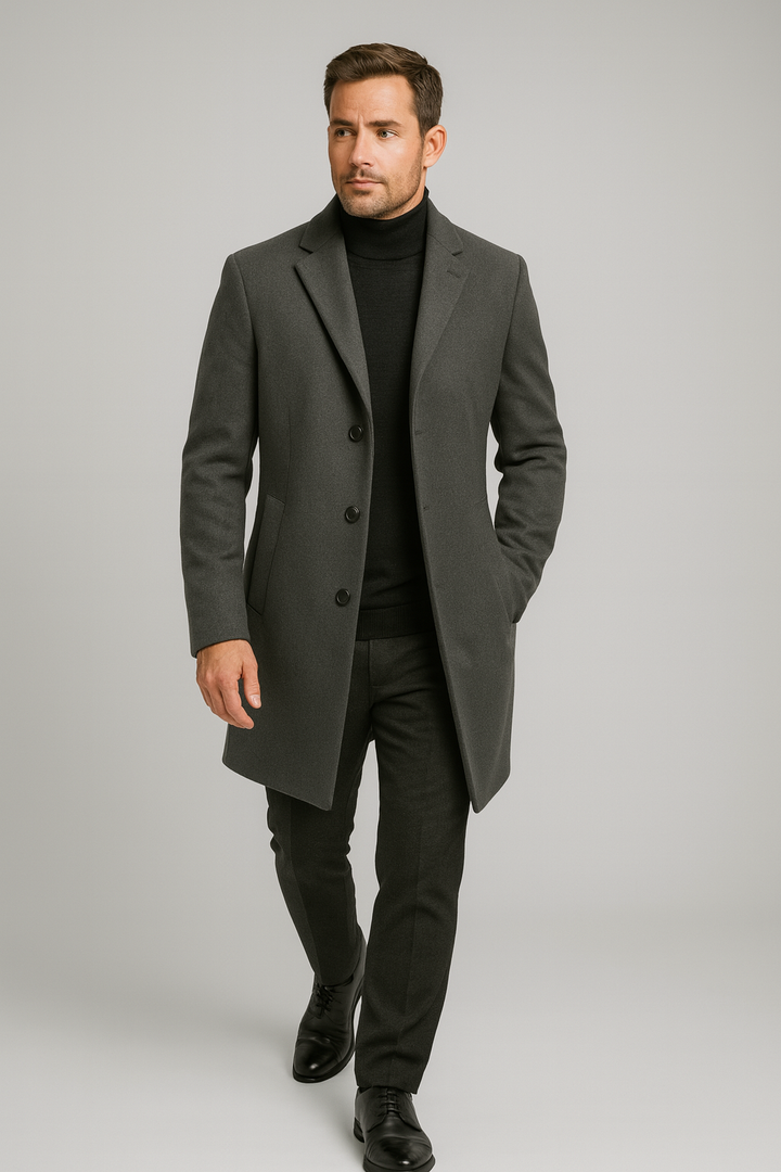 Elegant men's long overcoat with a sophisticated notch lapel, perfect for classic winter fashion & outerwear.