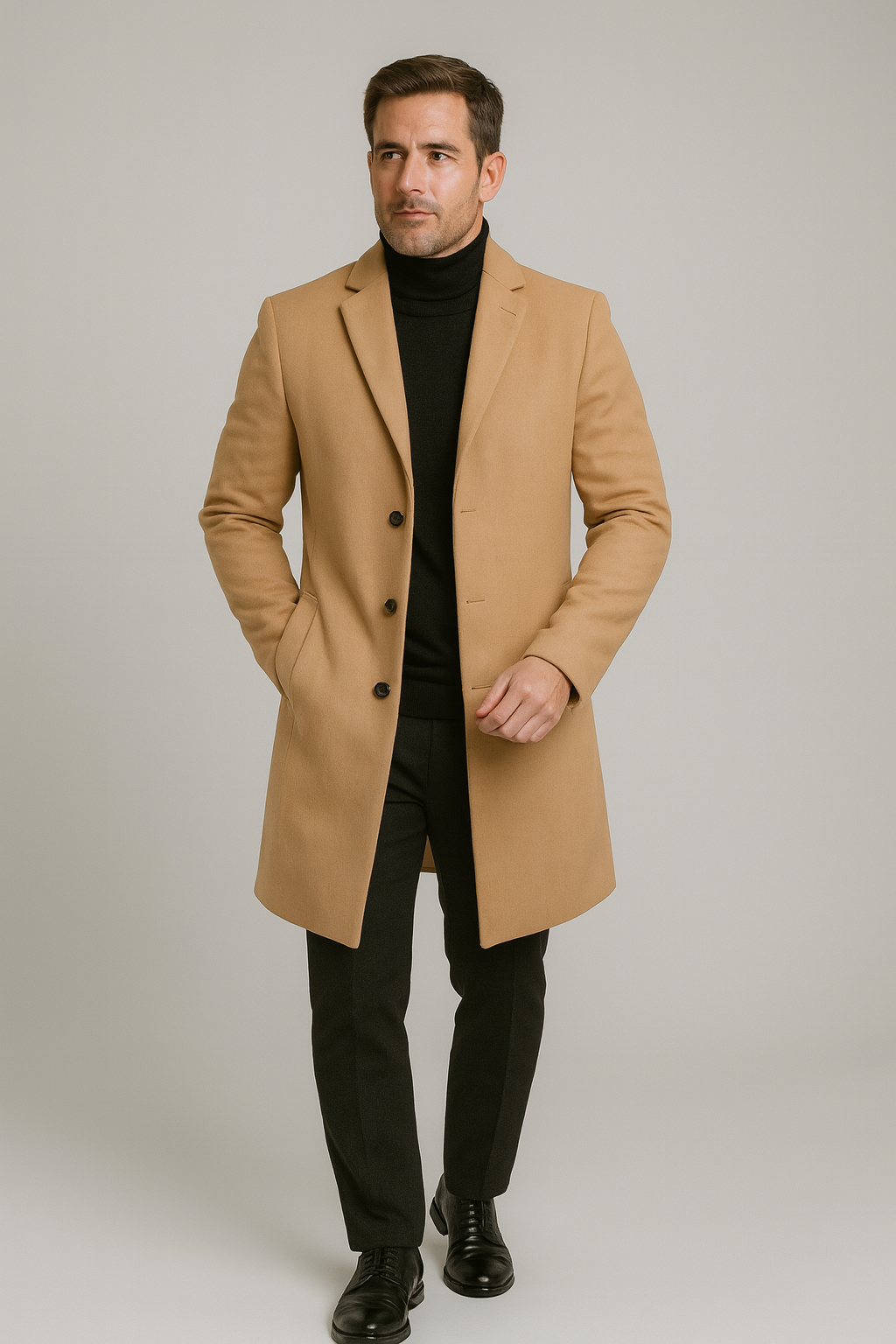 Stylish men's classic long trench coat in black, featuring a refined notch lapel for winter fashion.