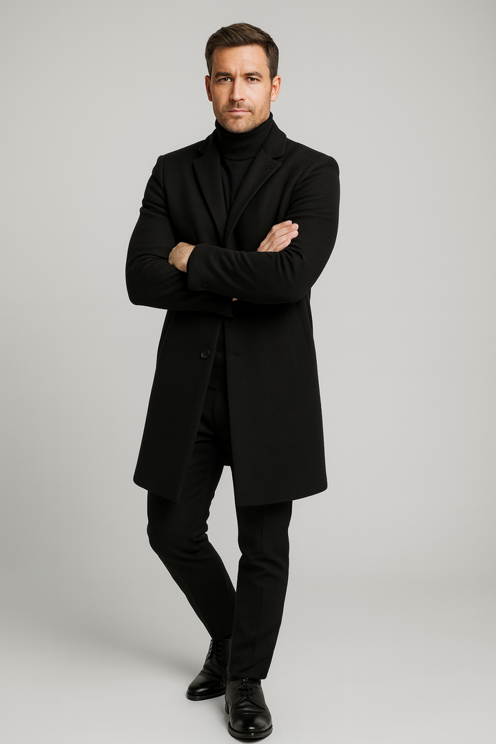Gray men's classic long winter overcoat, a gentleman's stylish trench coat with a timeless notch lapel.
