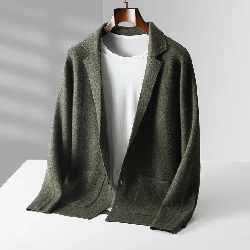 Versatile men's Milano knit cardigan in olive green, an essential for elegant or casual fall/winter looks.