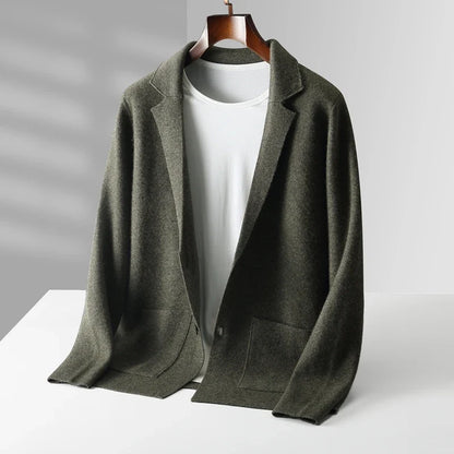 Versatile men's Milano knit cardigan in olive green, an essential for elegant or casual fall/winter looks.