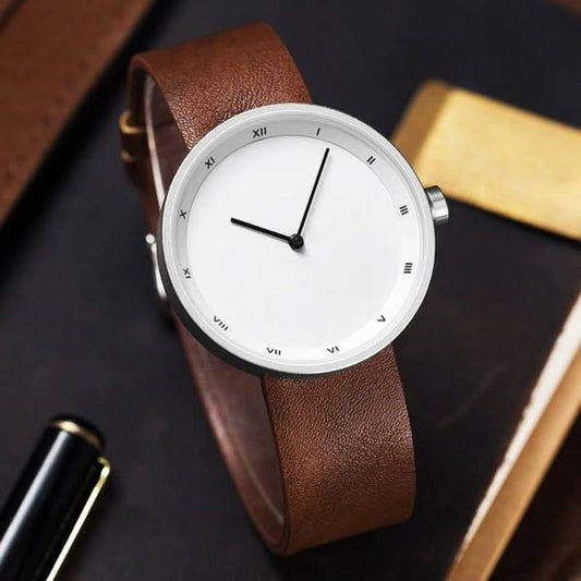 Men's classic minimalist wristwatch with a genuine black leather strap and a clean white dial.